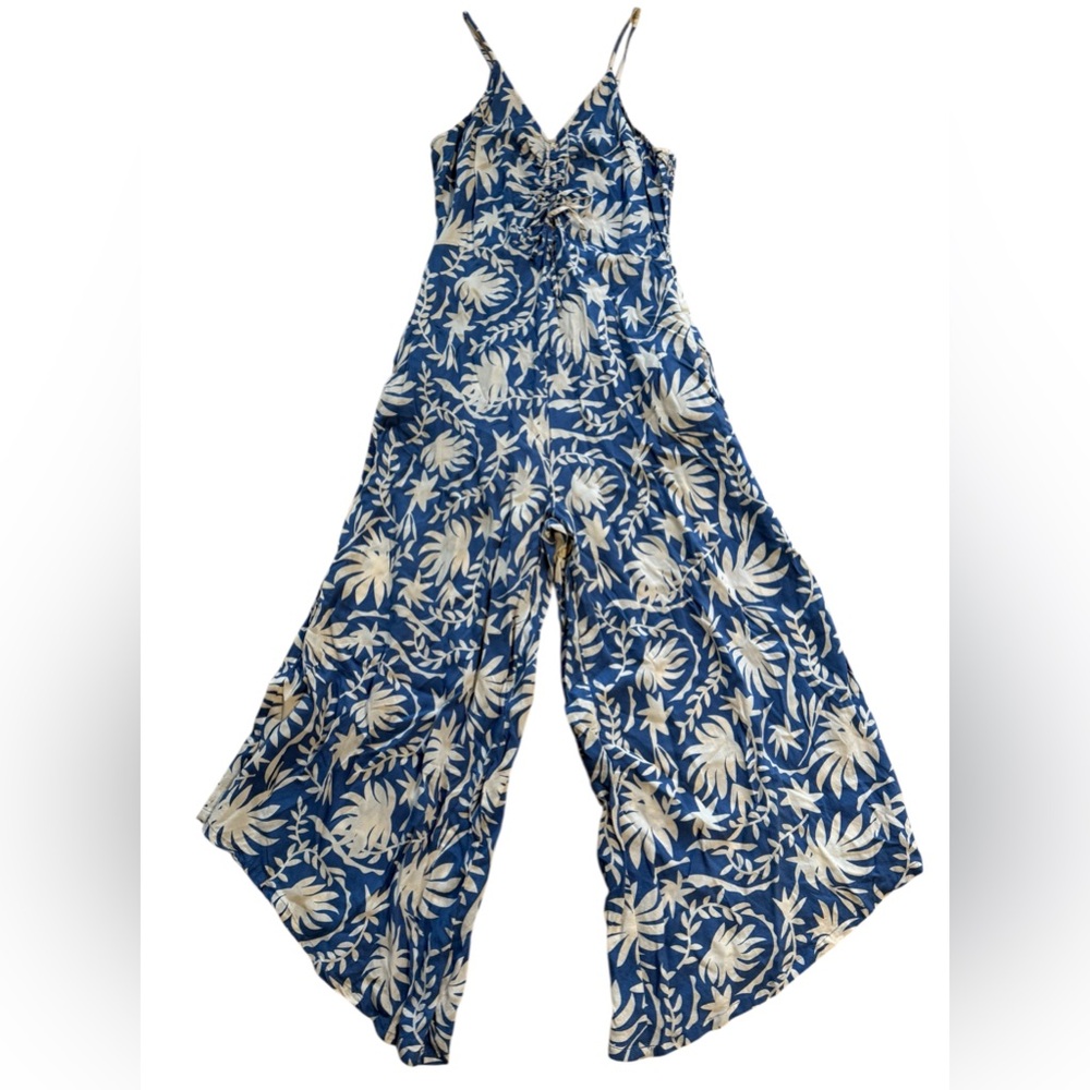 Japna Navy and Cream Floral Wide Leg Smocked Jumpsuit SzL